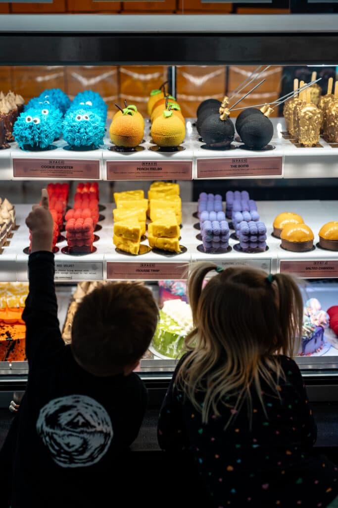 Two children pointing towards cakes in a bakery display