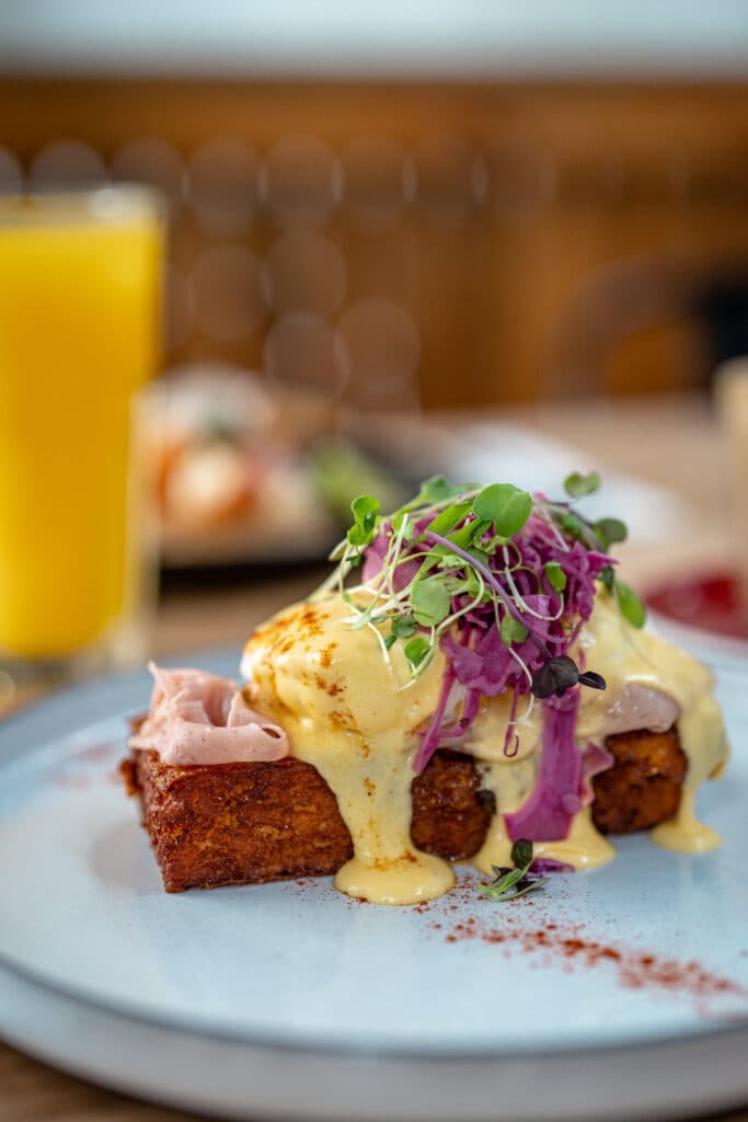 A plated breakfast topped with sauce and leafy garnish