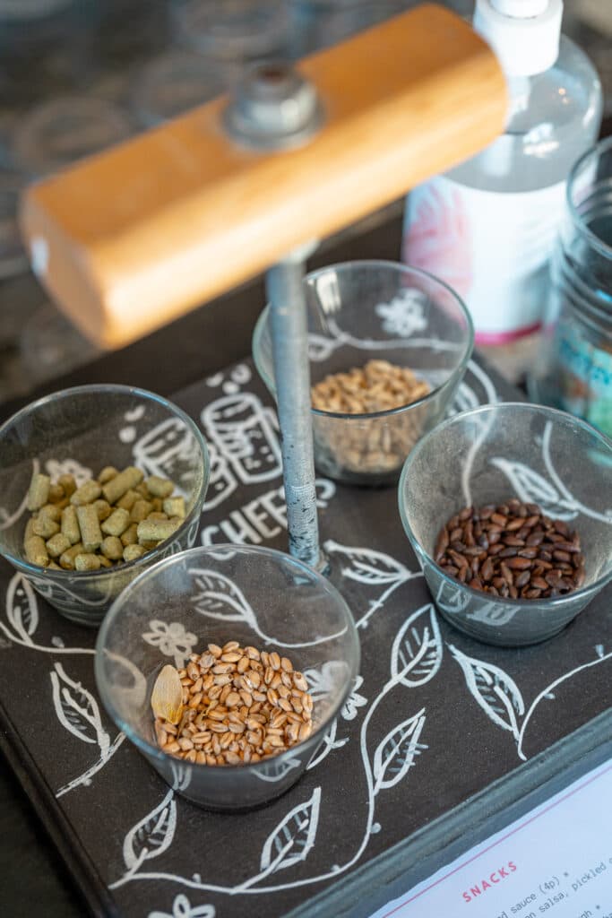 Bowls of brewing grains displayed beside a drinks can