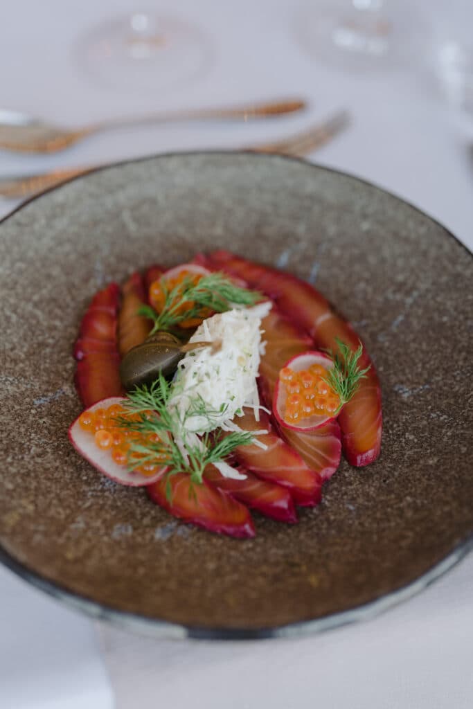 A colourful plated dish with sliced tomatoes and herbs